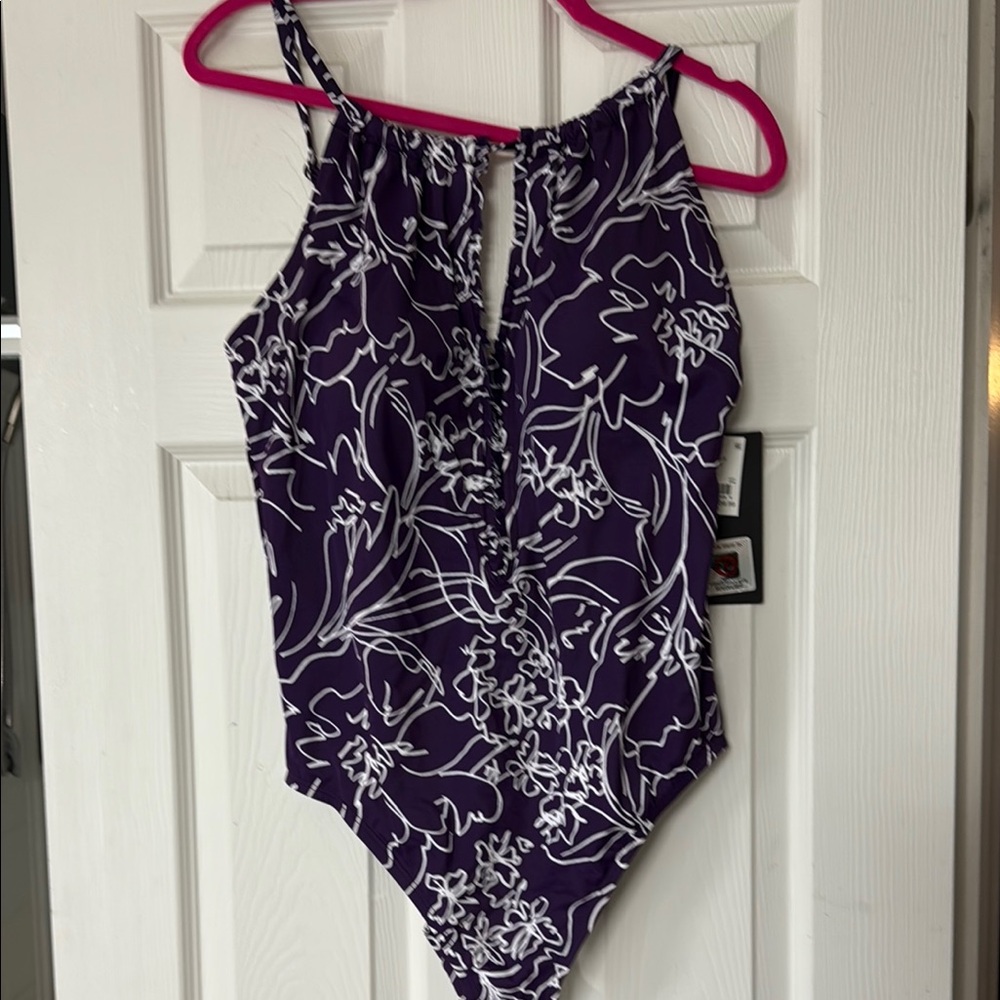 Aqua Green Deep Purple Floral One-Piece Swimsuit